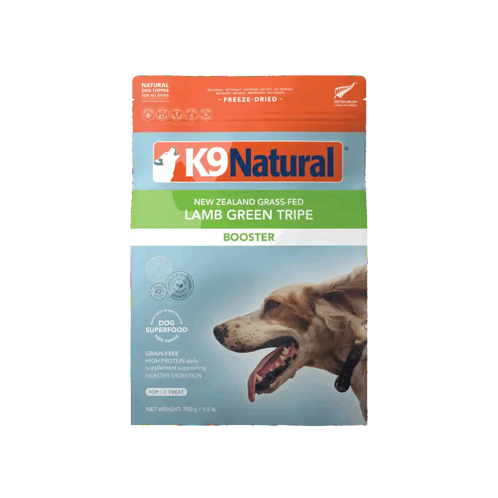 Front of K9 Natural Lamb Green Tripe Booster Freeze-Dried Dog Food 700 g bag