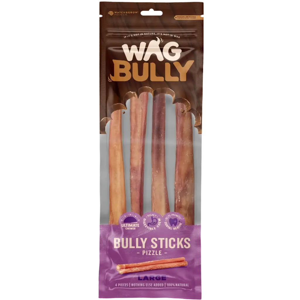 Pack of WAG Bully Sticks for dogs in retail packaging.