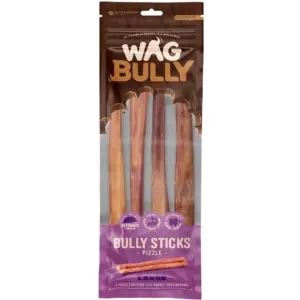 Pack of WAG Bully Sticks for dogs in retail packaging.