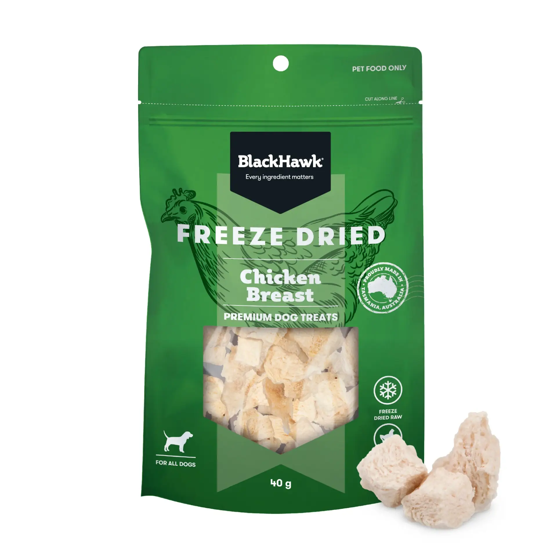 BlackHawk freeze dried chicken breast dog treats 40g made from 100 percent Australian chicken