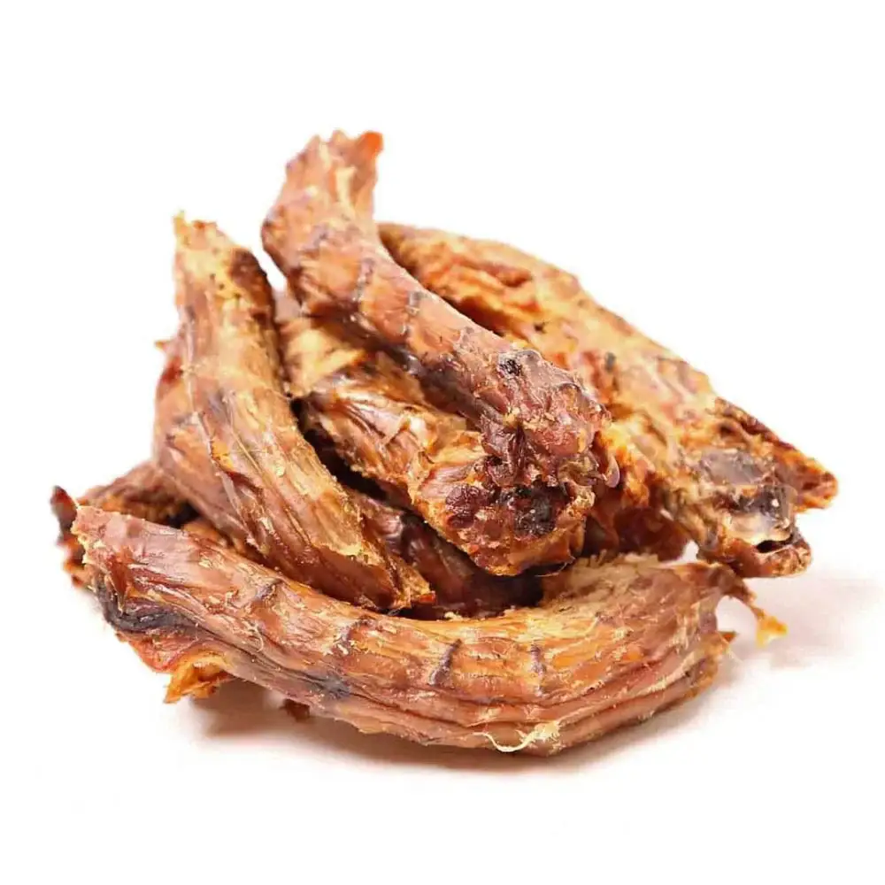 Close-up of natural air-dried chicken neck dog treats