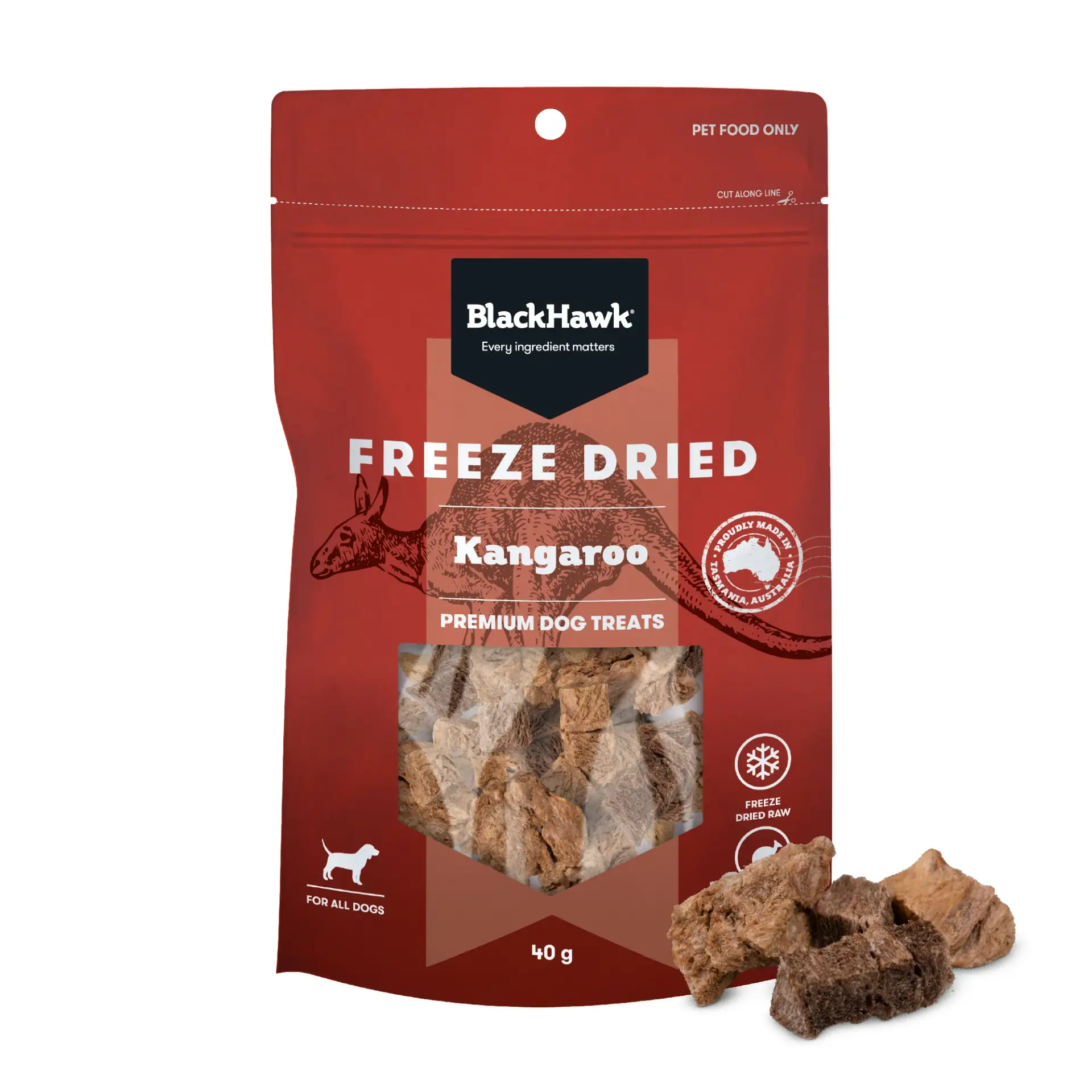 Front of pack Black Hawk freeze dried kangaroo dog treats 40g showing premium dog treats in resealable pouch with treat pieces in front of package