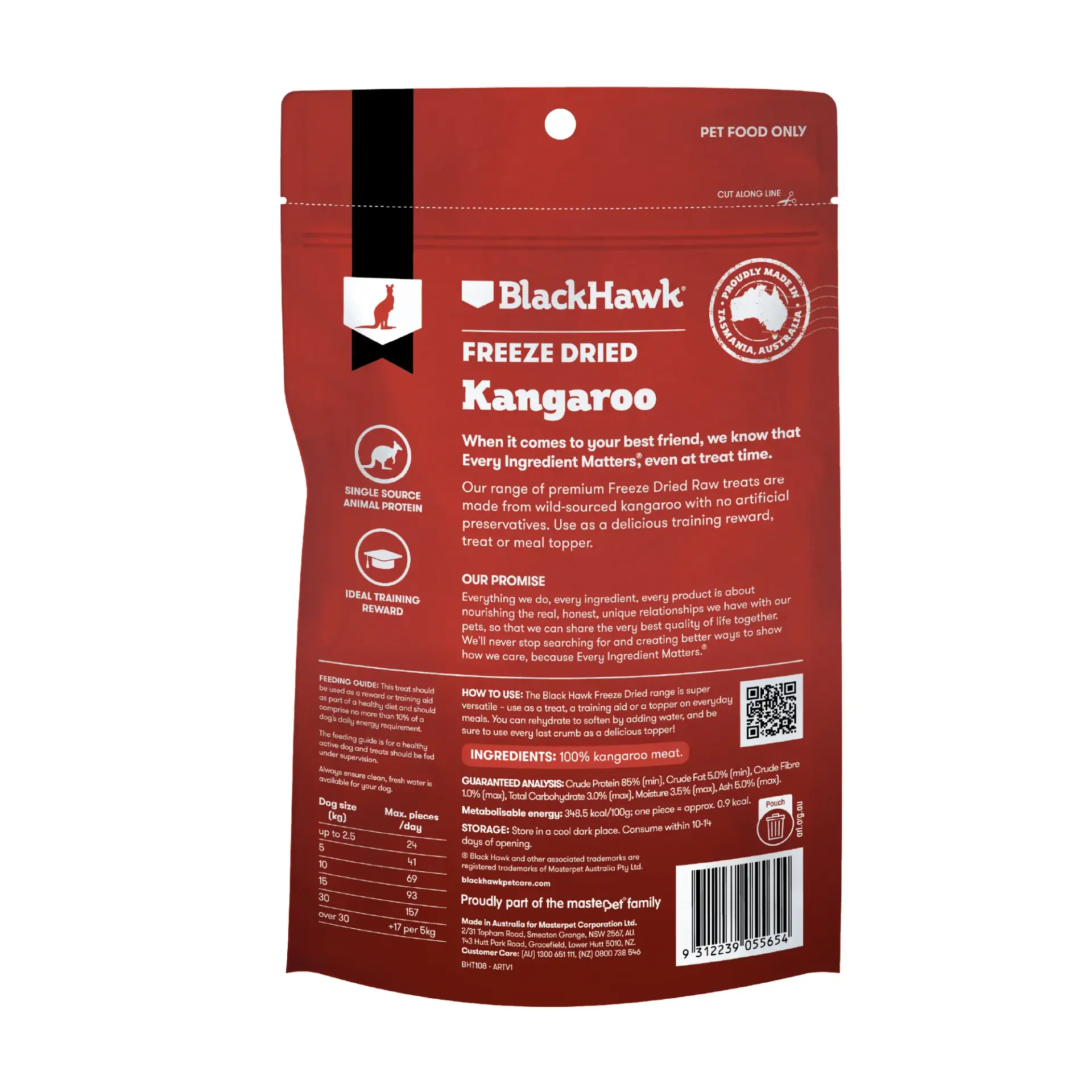 Back of pack Black Hawk freeze dried kangaroo dog treats showing ingredients feeding guide and nutritional informationv
