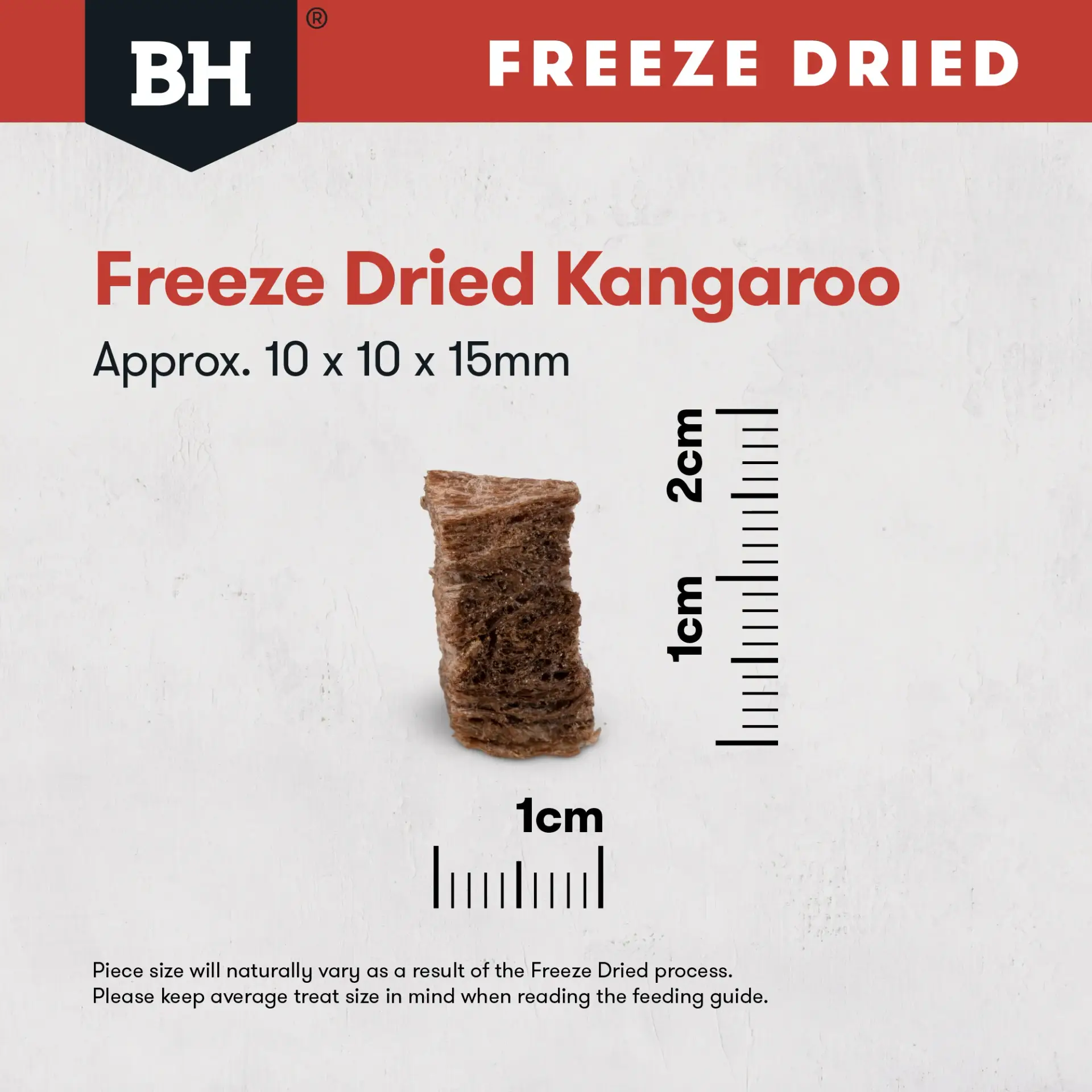 Black Hawk Freeze Dried Kangaroo Dog Treats piece size reference showing approximate dimensions of Black Hawk treats