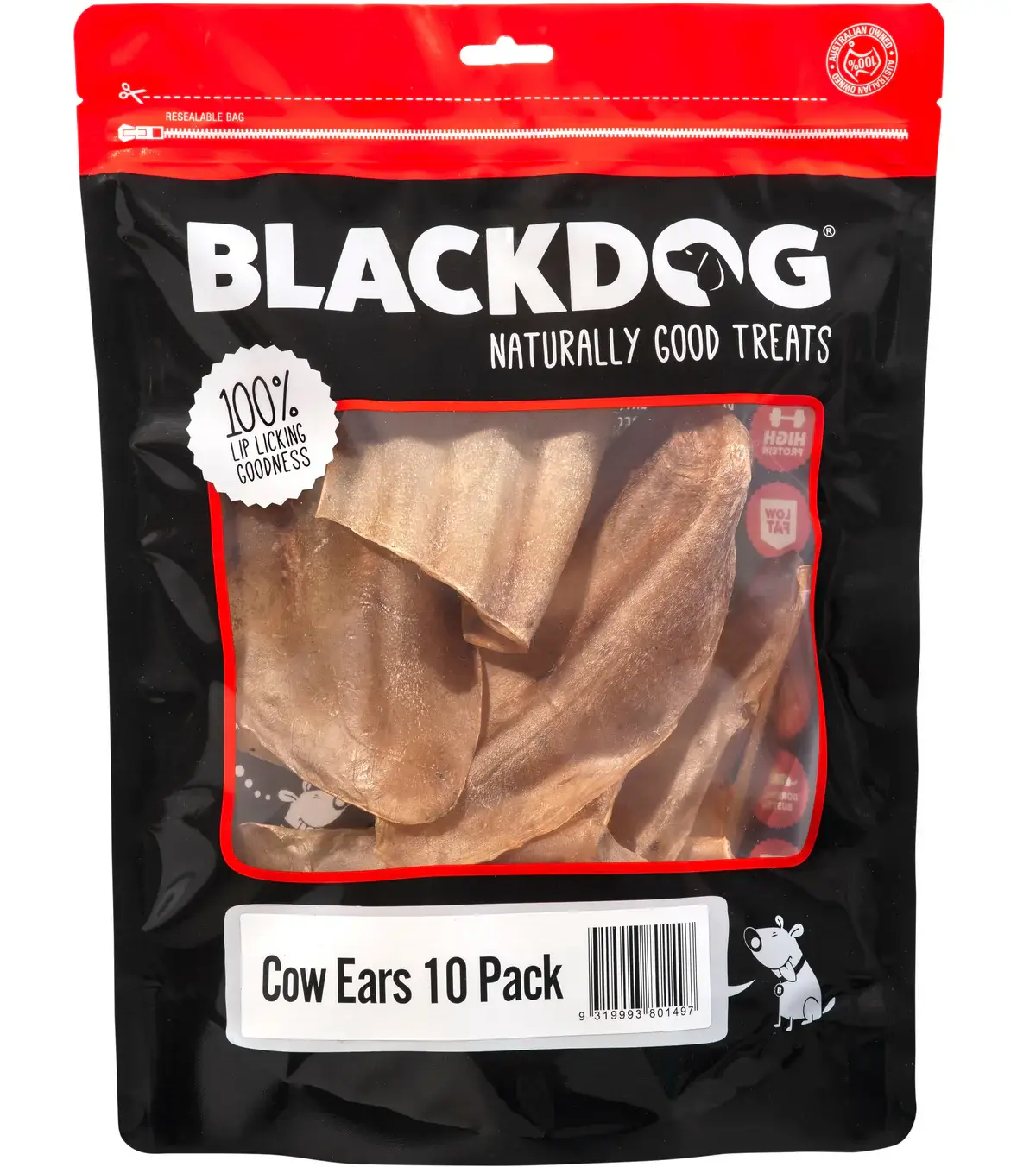 BlackDog Cow Ears Dog Treats in a 10 pack resealable bag