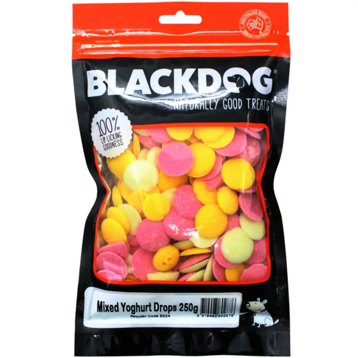 BlackDog Mixed Yoghurt Drops dog treats in 250g resealable bag