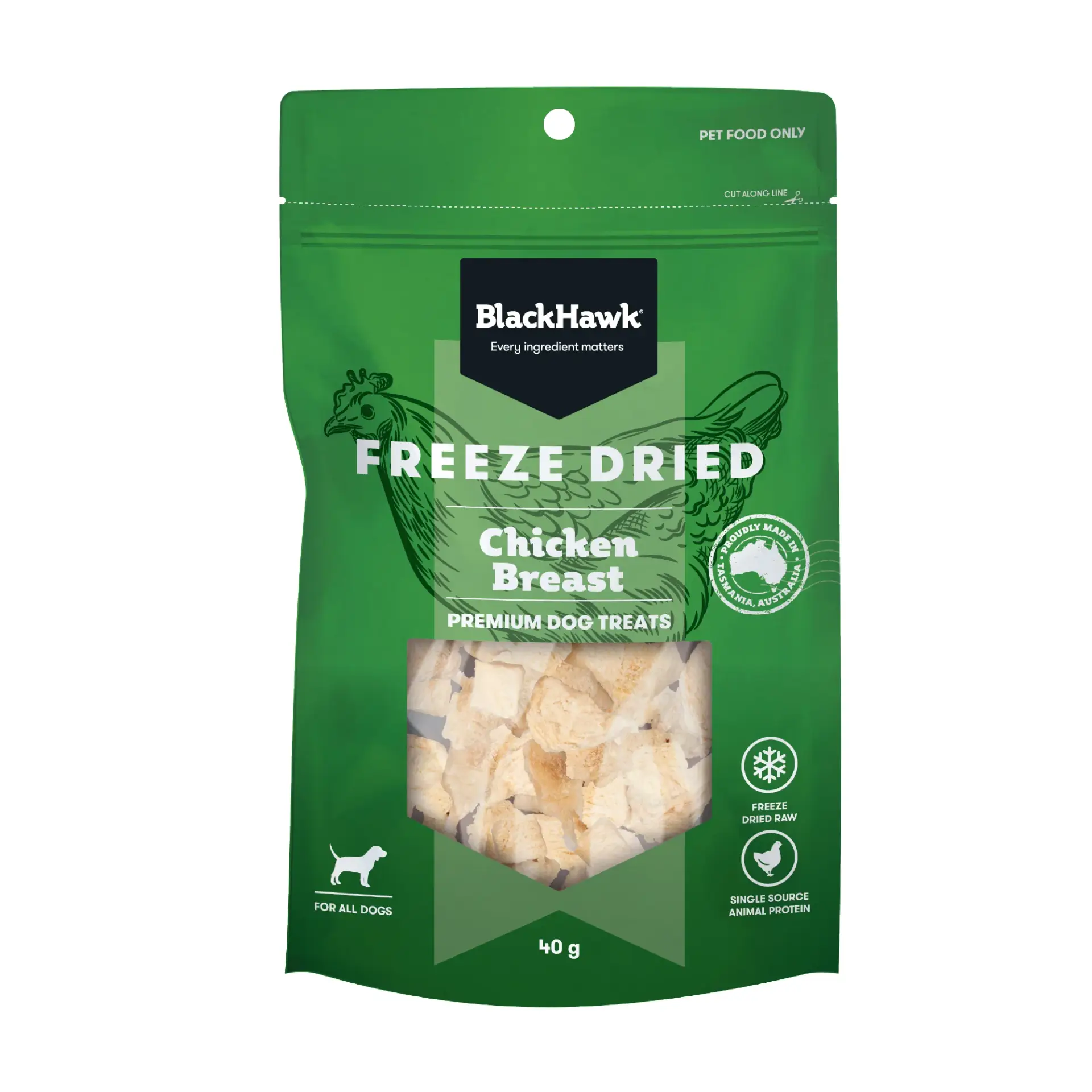 BlackHawk freeze dried chicken breast dog treats 40g made from 100 percent Australian chicken