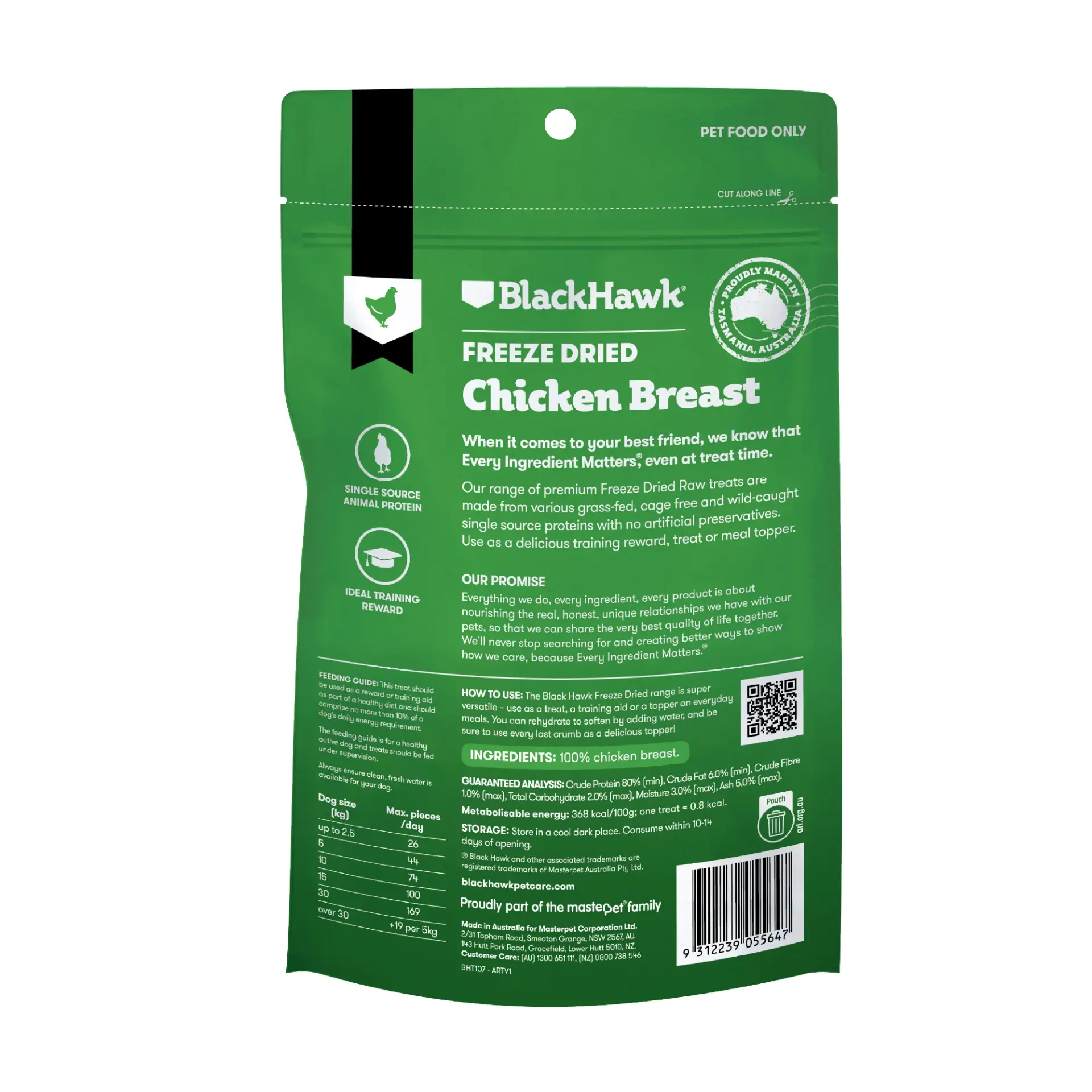 Back of pack showing ingredients feeding guide and storage information for BlackHawk freeze dried chicken breast dog treats