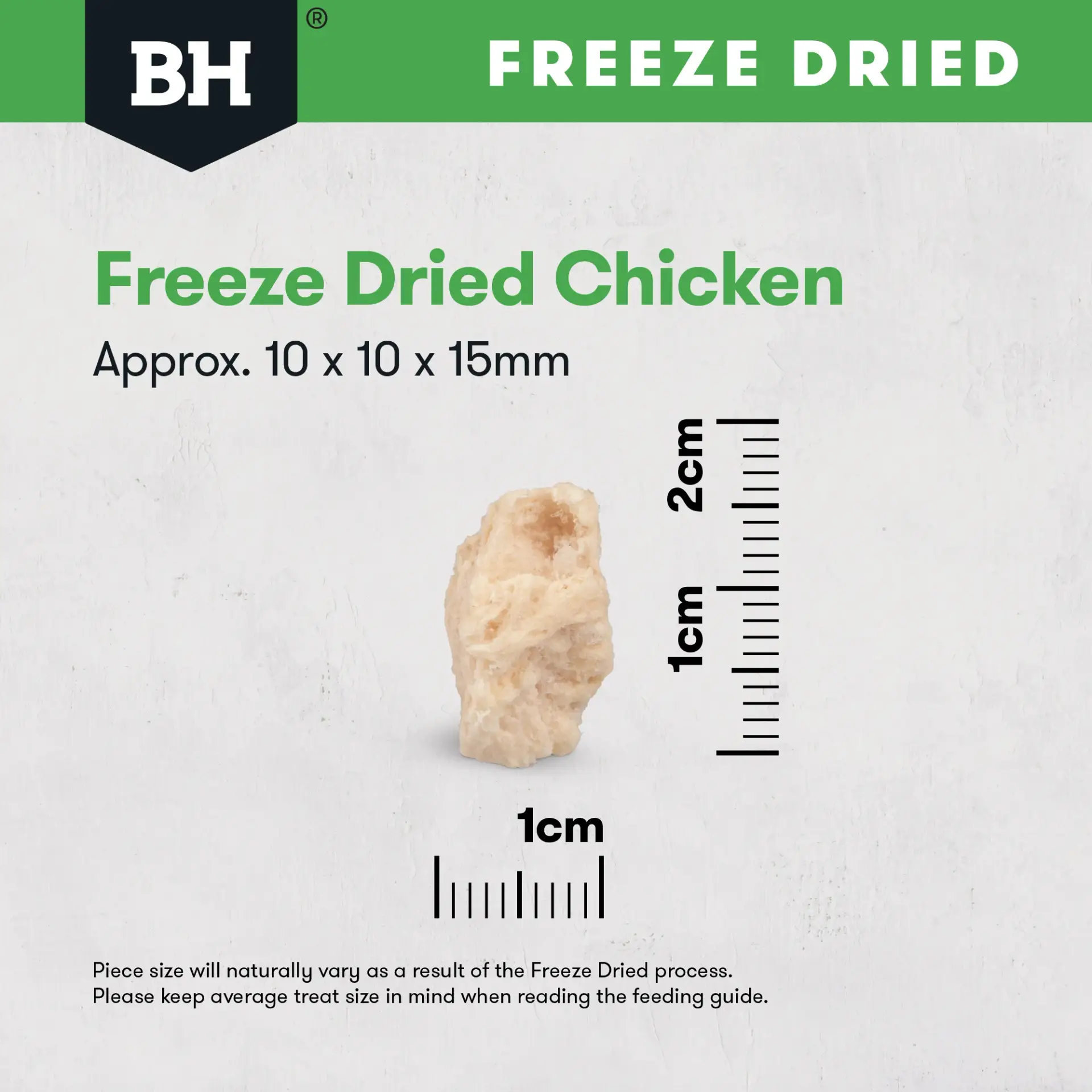 Size guide showing approximate dimensions of BlackHawk freeze dried chicken breast dog treats