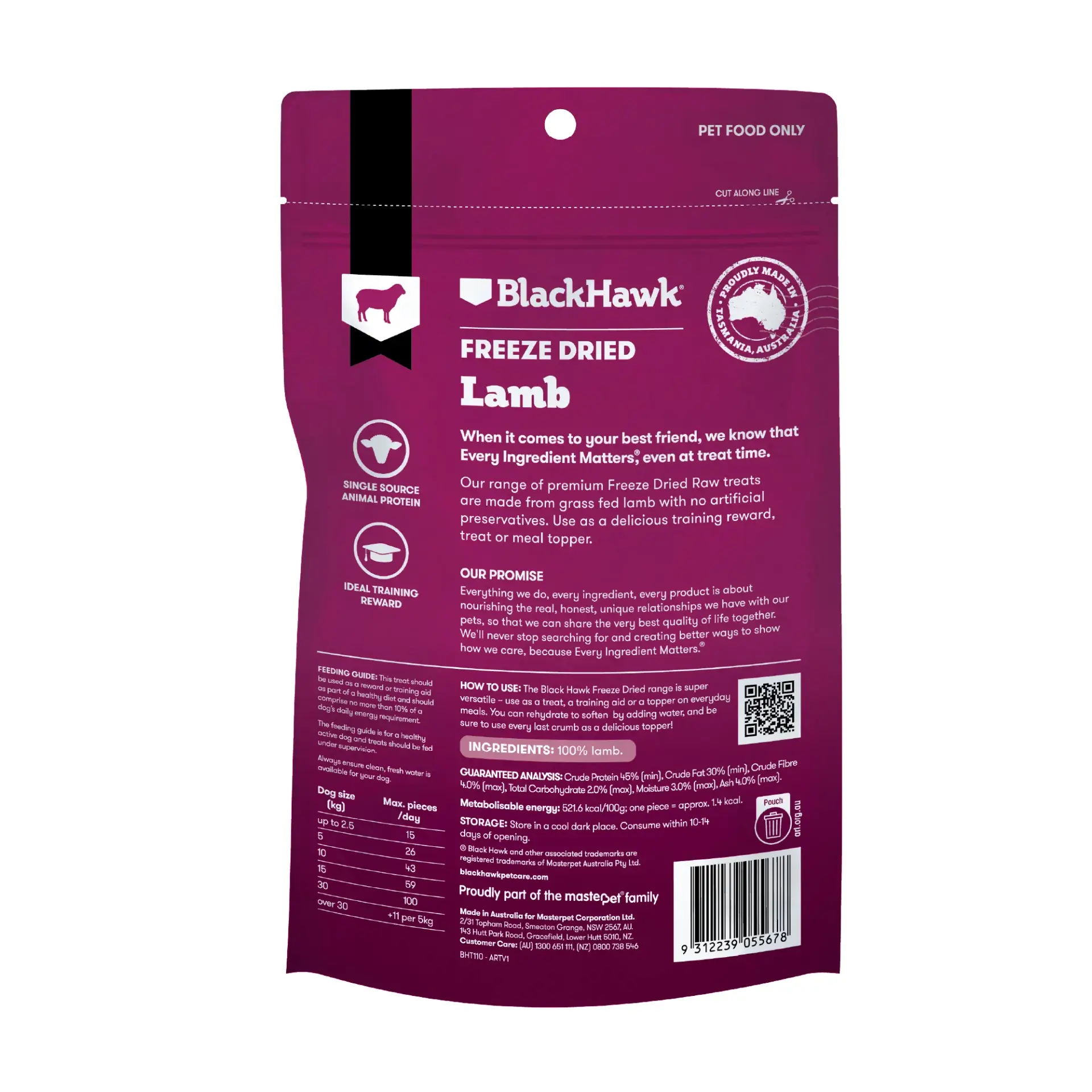 Back of BlackHawk freeze dried lamb dog treats 50g showing feeding guide and ingredients