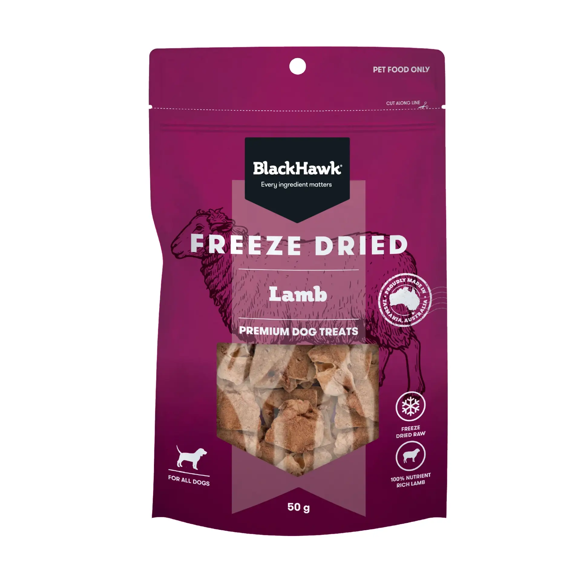 Front of BlackHawk freeze dried lamb dog treats 50g pouch BlackHawk lamb treats