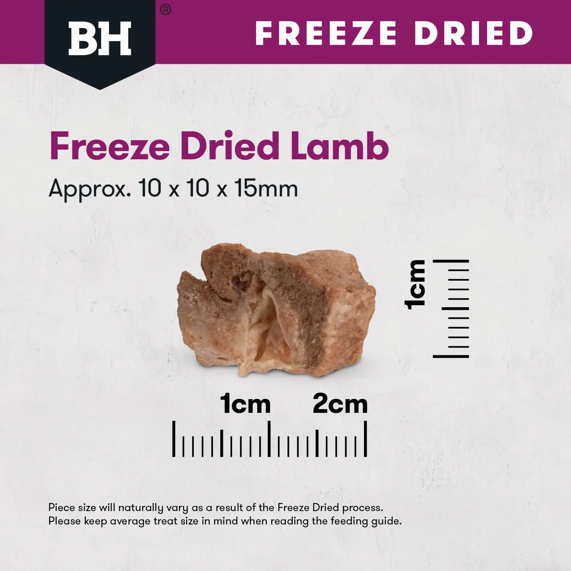 Freeze dried lamb dog treat piece size guide showing approximate dimensions