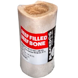Beef filled marrow bone showing exposed beef filling.