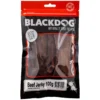 Blackdog Beef Jerky Dog Treats 100g Pack Blackdog Beef Jerky 100g resealable bag showing dried beef jerky pieces inside.