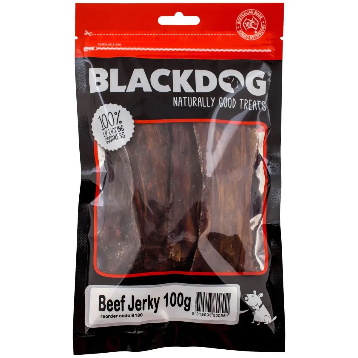 Blackdog Beef Jerky 100g resealable bag showing dried beef jerky pieces inside.