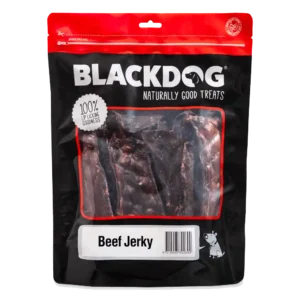 Blackdog Naturally Good Treats beef jerky pack showing resealable bag with visible jerky pieces.