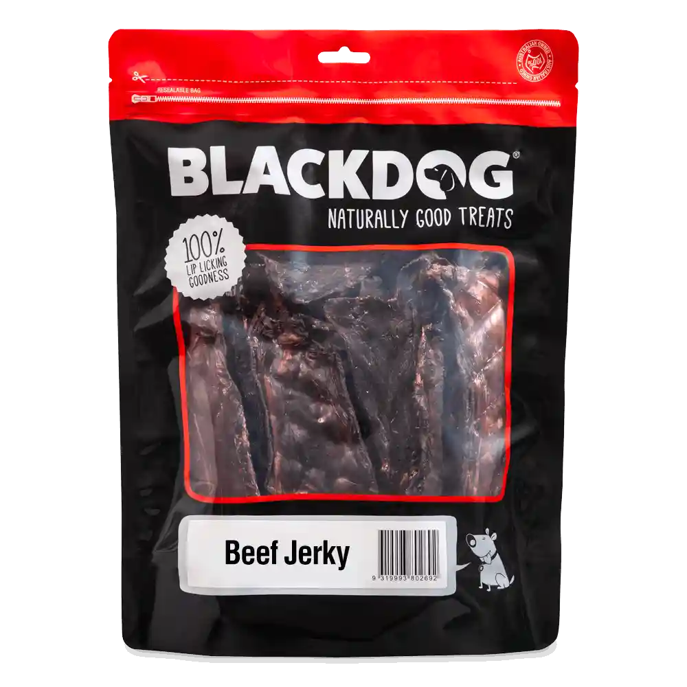 Blackdog Naturally Good Treats beef jerky pack showing resealable bag with visible jerky pieces.