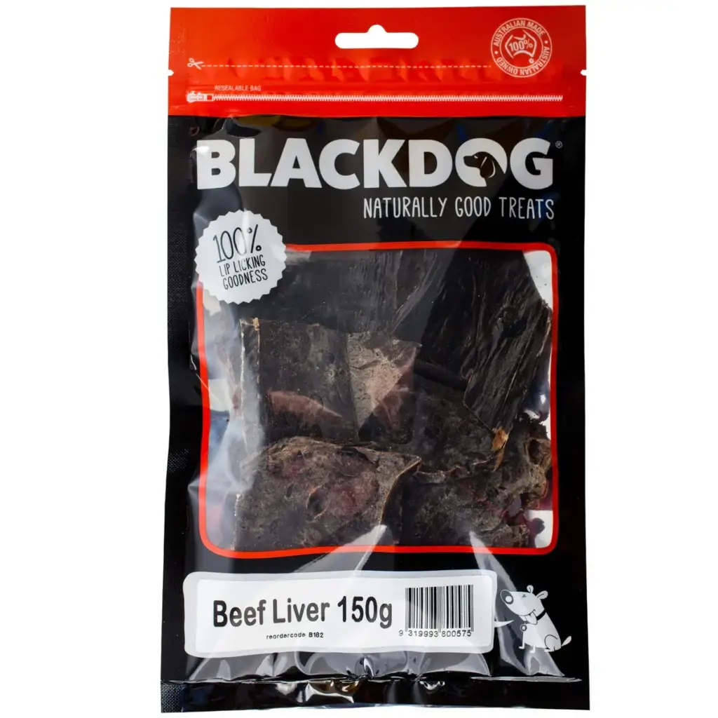 Blackdog Beef Liver 150g resealable bag showing dried beef liver pieces inside the packaging.