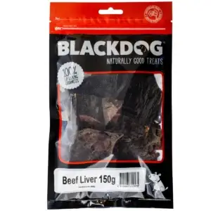Blackdog Beef Liver 150g resealable bag showing dried beef liver pieces inside the packaging.