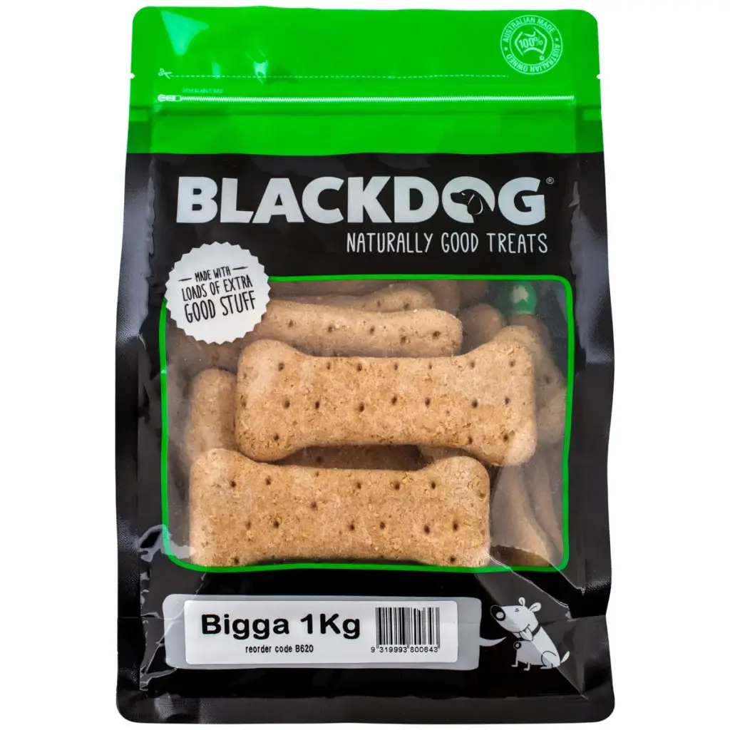 Blackdog Bigga Dog Biscuits 1kg bag showing large baked dog biscuits in green-accented packaging.