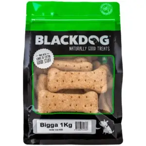 Blackdog Bigga Dog Biscuits 1kg bag showing large baked dog biscuits in green-accented packaging.