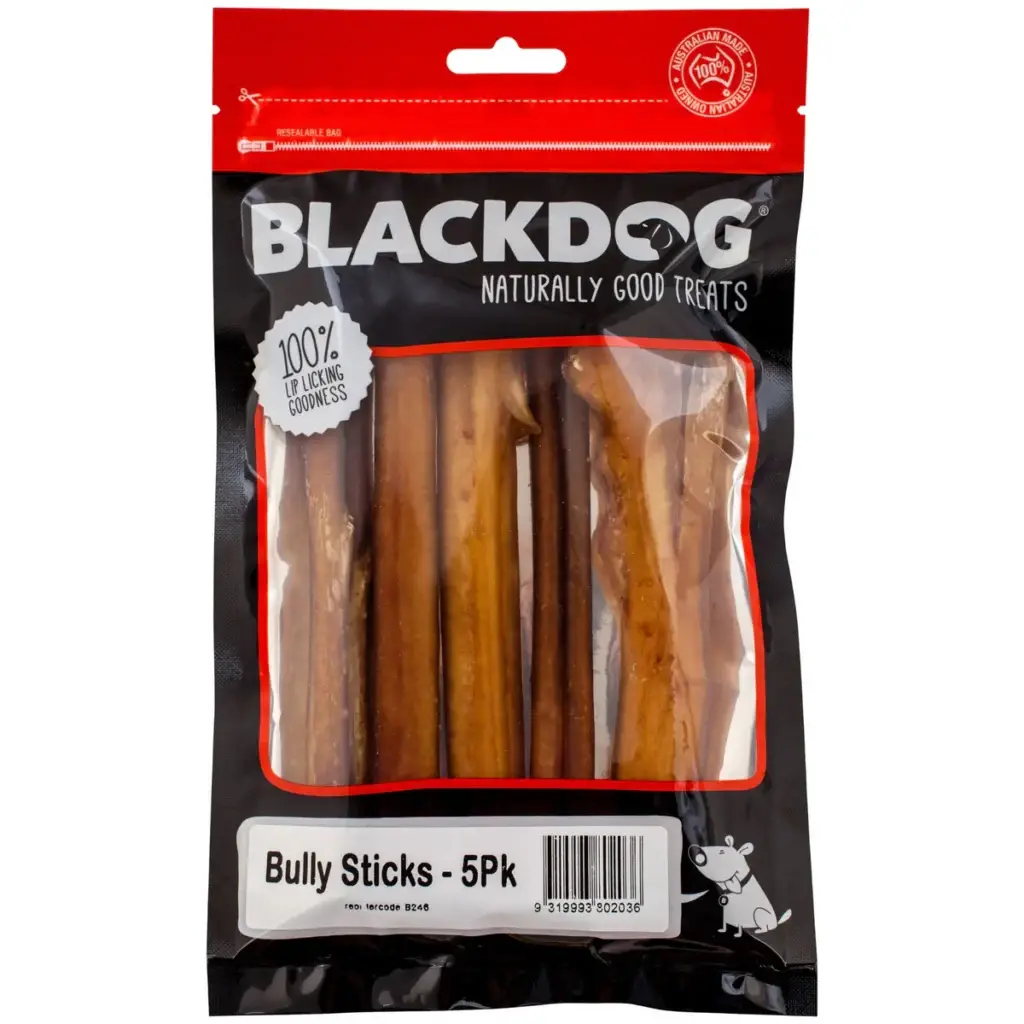 Pack of Blackdog Bully Sticks dog treats showing five natural beef chew sticks.