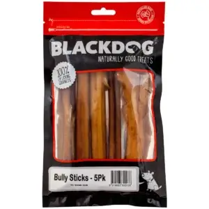 Pack of Blackdog Bully Sticks dog treats showing five natural beef chew sticks.
