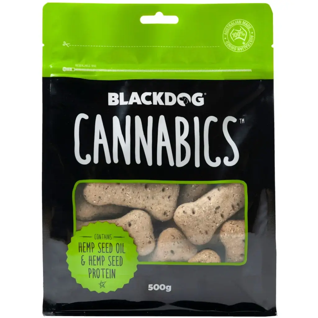 Blackdog Cannabics Dog Biscuits 500g bag showing hemp-infused dog biscuits in green and black packaging.