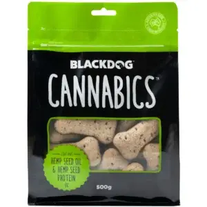 Blackdog Cannabics Dog Biscuits 500g bag showing hemp-infused dog biscuits in green and black packaging.
