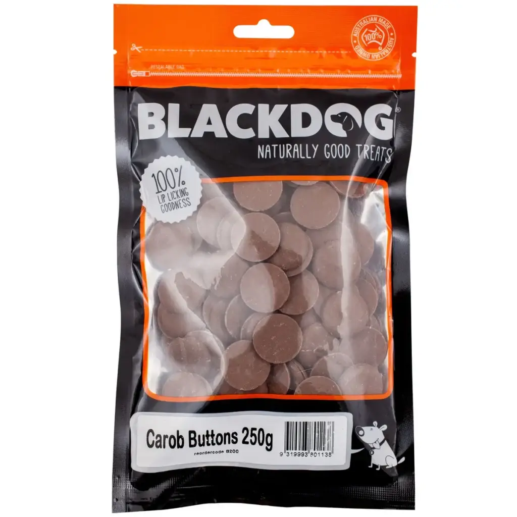 Blackdog Carob Buttons 250g resealable bag showing round carob button treats inside.