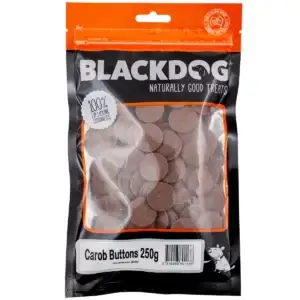 Blackdog Carob Buttons 250g resealable bag showing round carob button treats inside.