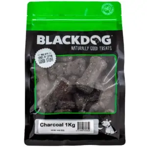 Blackdog Charcoal Dog Biscuits in a 1kg resealable green-and-black bag.