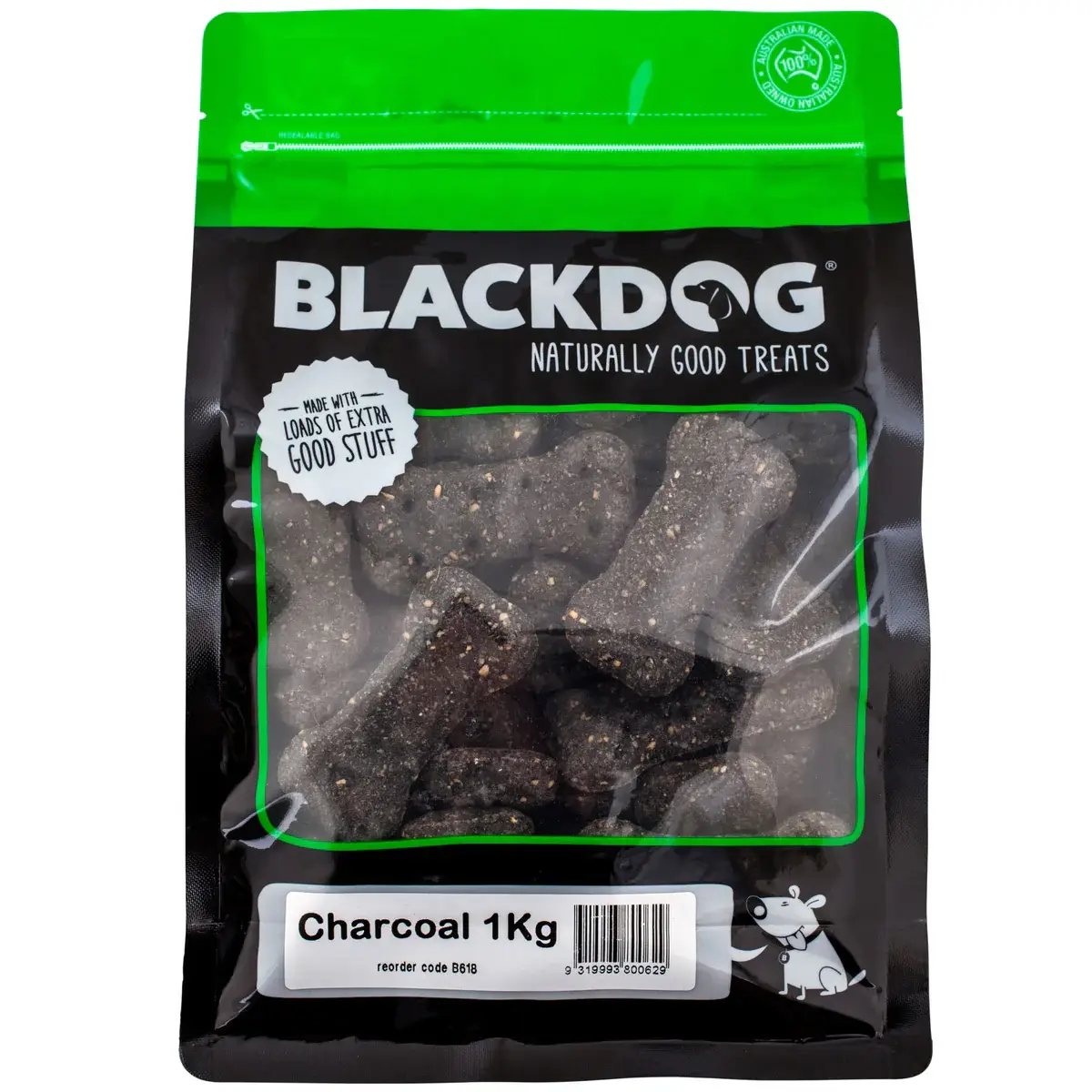 Blackdog Charcoal Dog Biscuits in a 1kg resealable green-and-black bag.