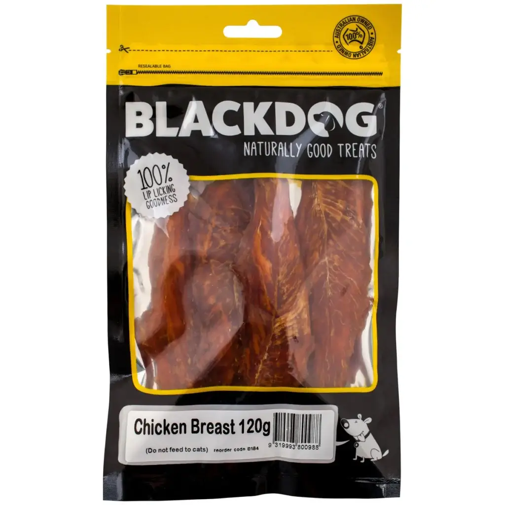 Blackdog Chicken Breast Dog Treats 120g resealable bag showing natural dried chicken breast strips.