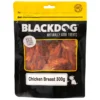Blackdog Chicken Breast Dog Treats 300g Pack Blackdog Chicken Breast Dog Treats 300g bag displaying dried chicken breast strips inside the packaging.
