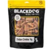 Blackdog Chicken Crinkles Dog Treats 1kg Pack Blackdog Chicken Crinkles Dog Treats 1kg bag with visible chicken crinkle treats inside a resealable pack.