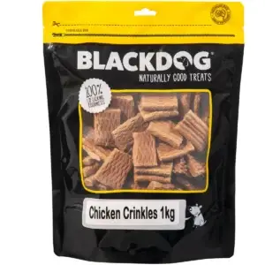 Blackdog Chicken Crinkles Dog Treats 1kg bag with visible chicken crinkle treats inside a resealable pack.