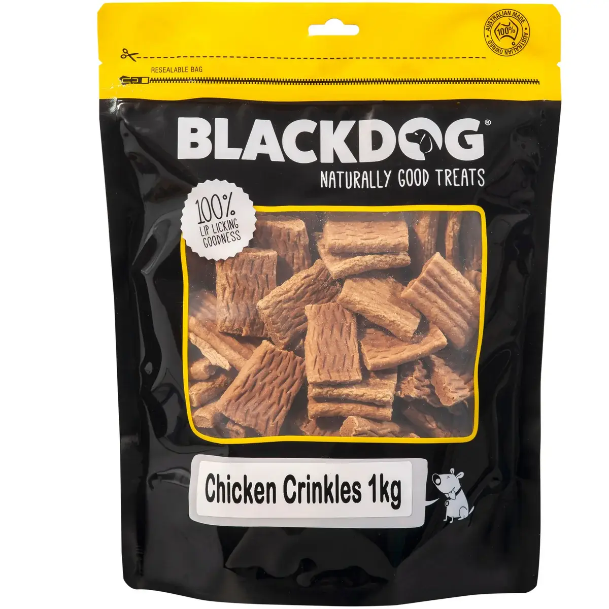 Blackdog Chicken Crinkles Dog Treats 1kg bag with visible chicken crinkle treats inside a resealable pack.