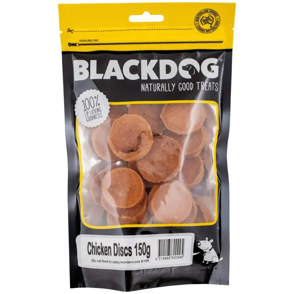 Blackdog Chicken Discs 150g bag displaying small round chicken discs inside the packaging.