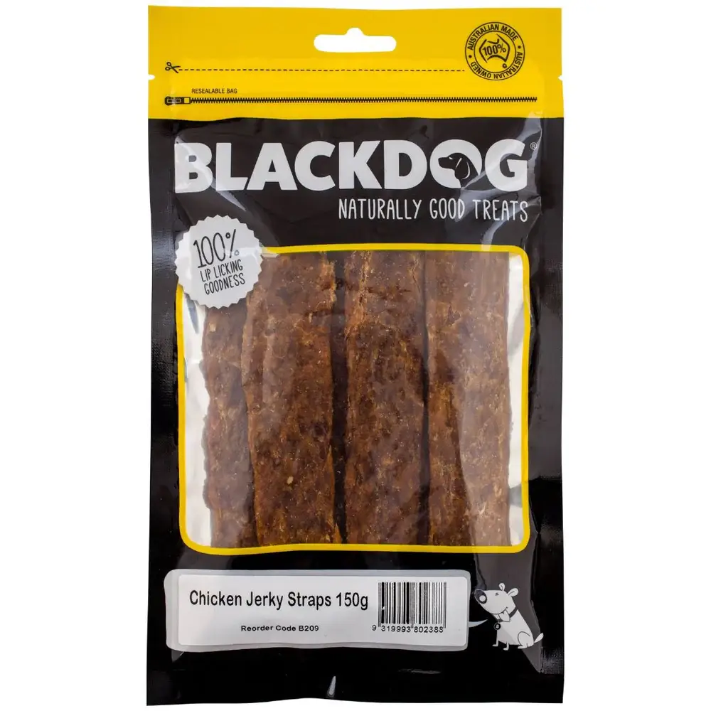 Blackdog 150g bag of chicken jerky straps dog treats in resealable yellow pack.