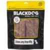 Blackdog Chicken Jerky Straps Dog Treats800g Bag Blackdog 800g bag of chicken jerky straps dog treats with yellow packaging.