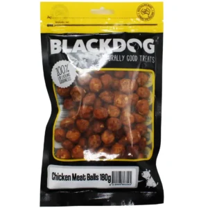 Blackdog Chicken Meat Balls Dog Treats 180g bag displaying chicken meat ball treats inside the pack.
