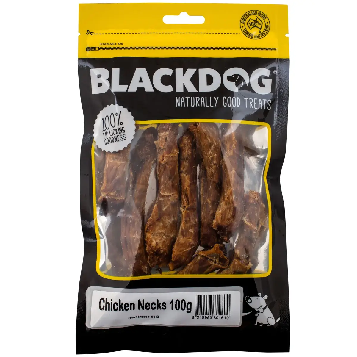 Blackdog Chicken Necks dog treats in a 100g resealable bag