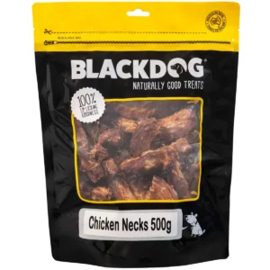 Blackdog Chicken Necks dog treats in a 500g resealable bag
