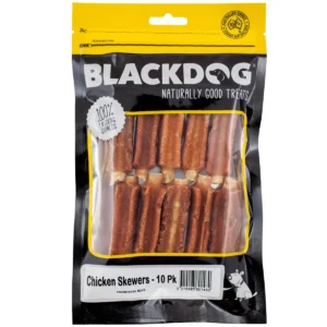 Blackdog Chicken Skewers Dog Treats 10-pack showing rawhide sticks wrapped in dried chicken.