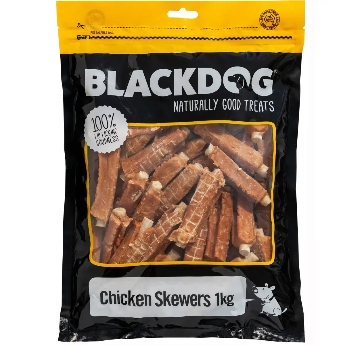 Blackdog 1kg bag of chicken skewers dog treats in yellow-and-black packaging.