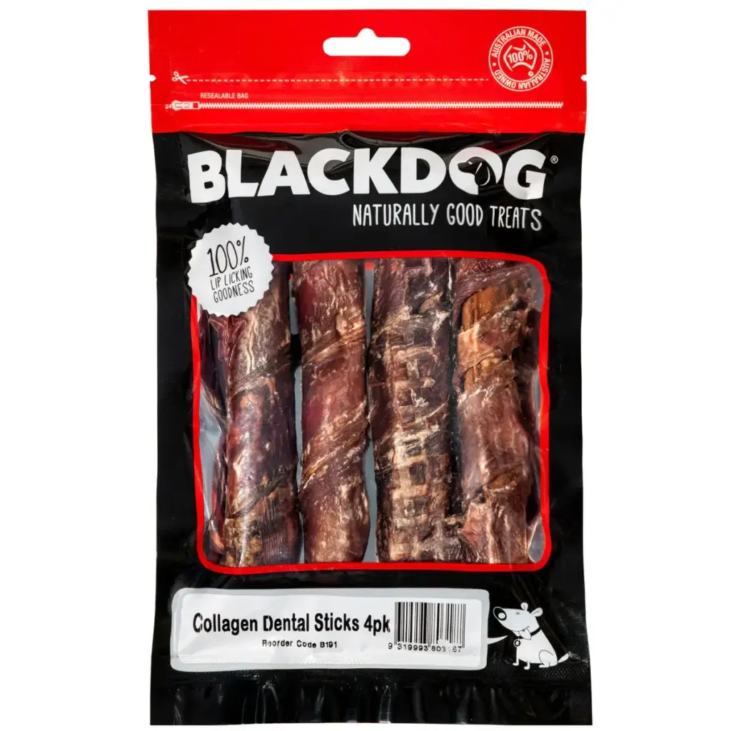 Blackdog Collagen Dental Sticks Dog Treats 4-pack bag showing four wrapped collagen chews inside.