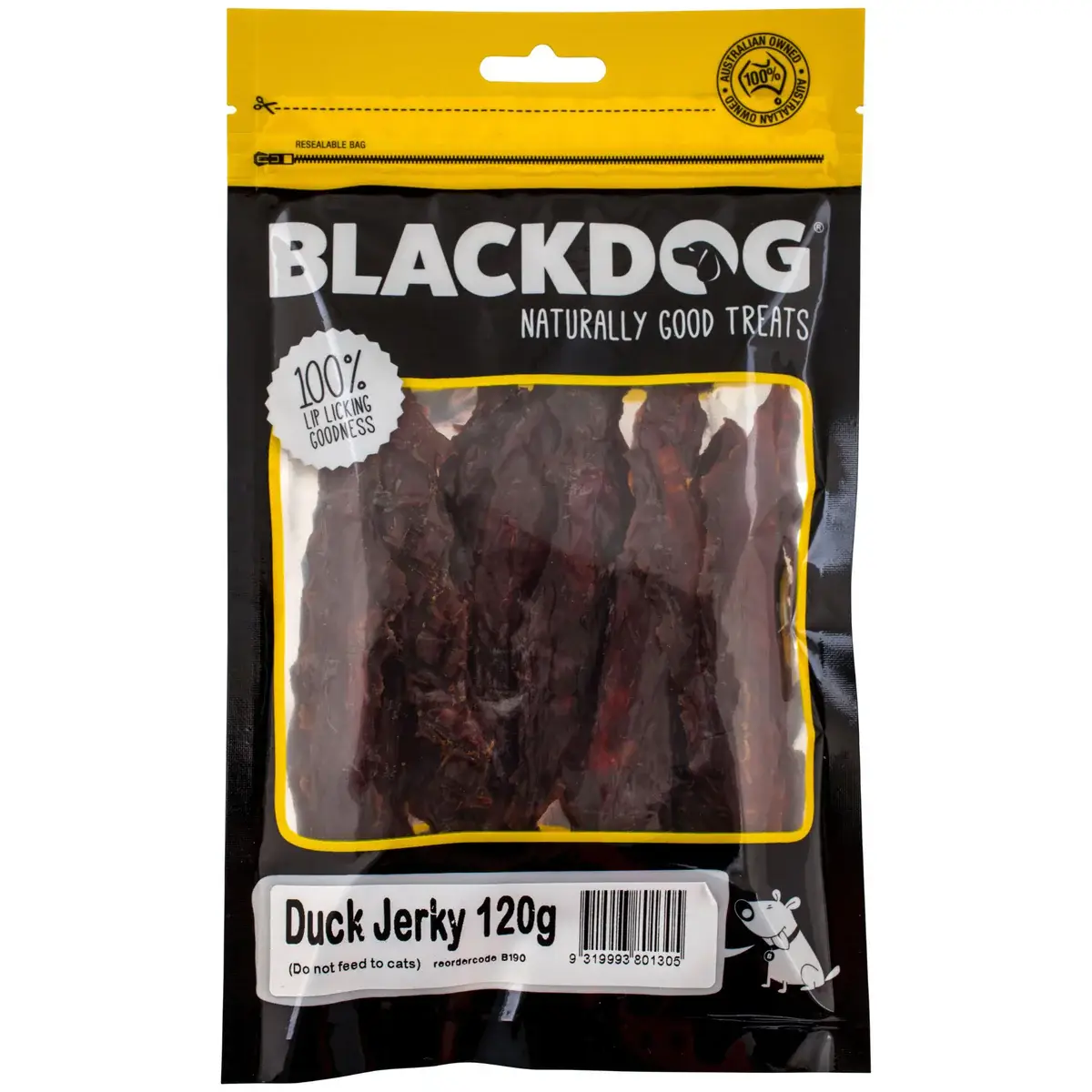 Blackdog Duck Jerky 120g resealable bag with visible jerky strips inside.