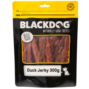 Medium 300g pack of Blackdog Duck Jerky displaying dried duck jerky pieces in the resealable bag.