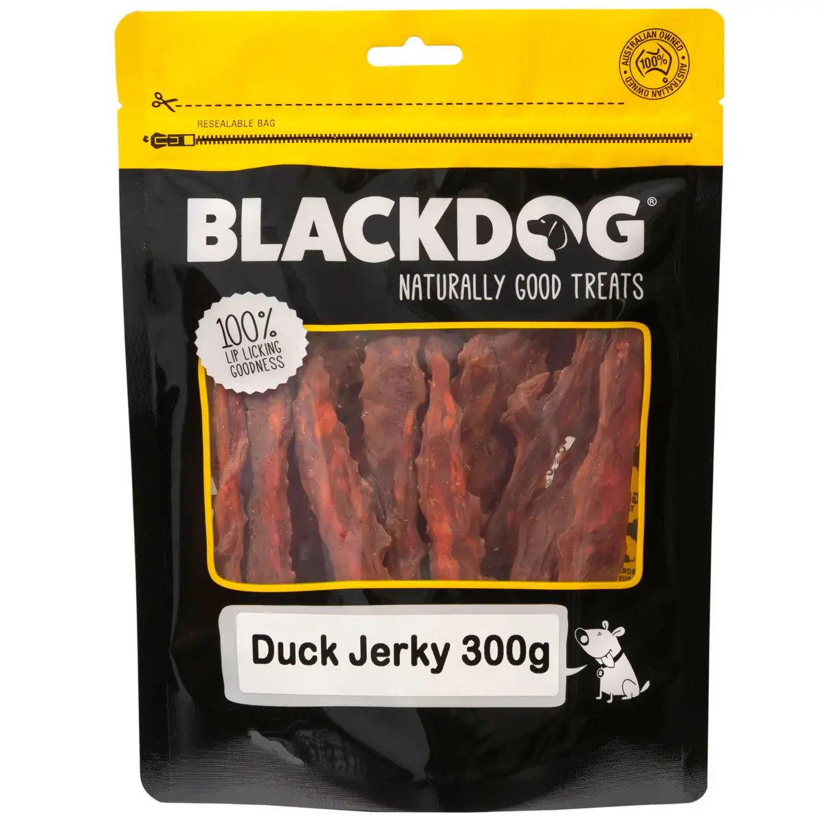 Medium 300g pack of Blackdog Duck Jerky displaying dried duck jerky pieces in the resealable bag.